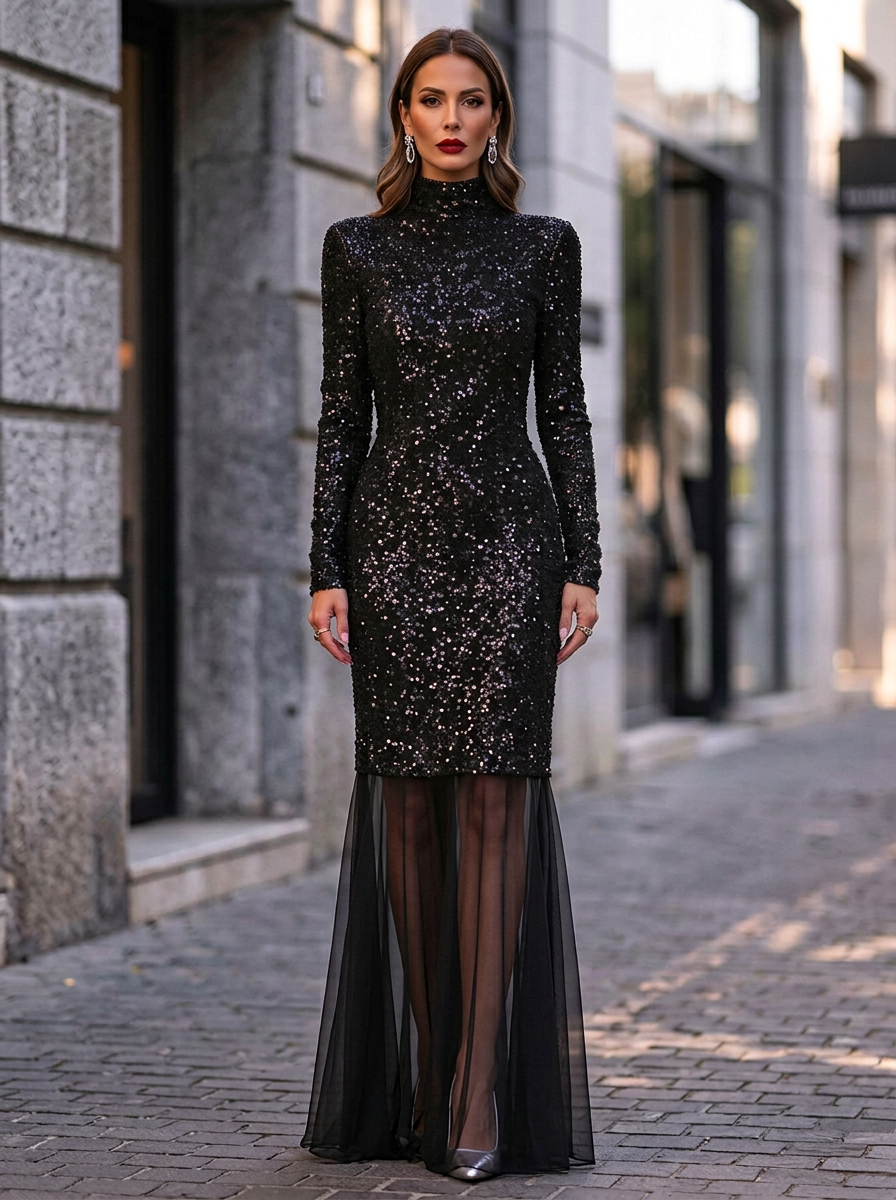 Black Sequin High Neck Long Sleeve Tulle Train Midi Dress
