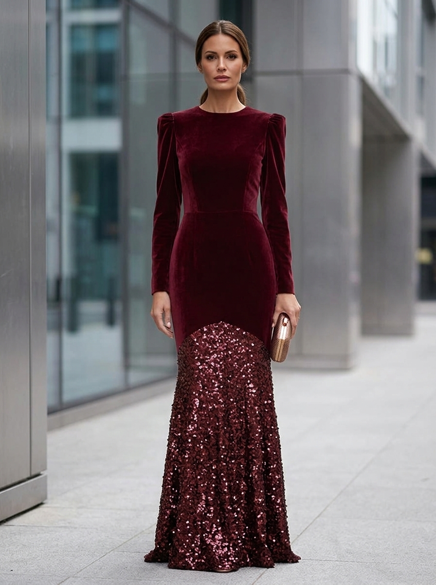 Burgundy Velvet Long Sleeve Sequin Mermaid Maxi Dress