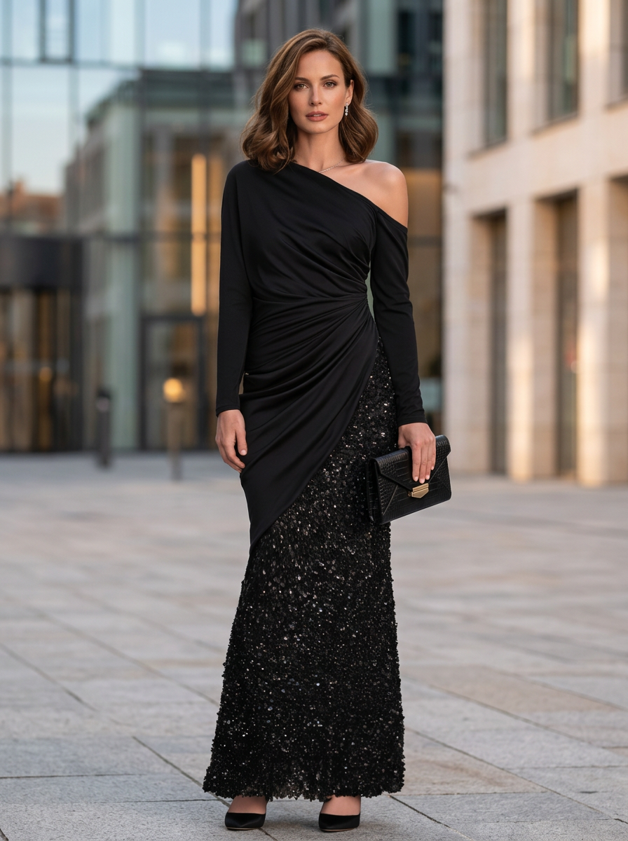 Black One-Shoulder Long Sleeve Sequin Mermaid Maxi Dress