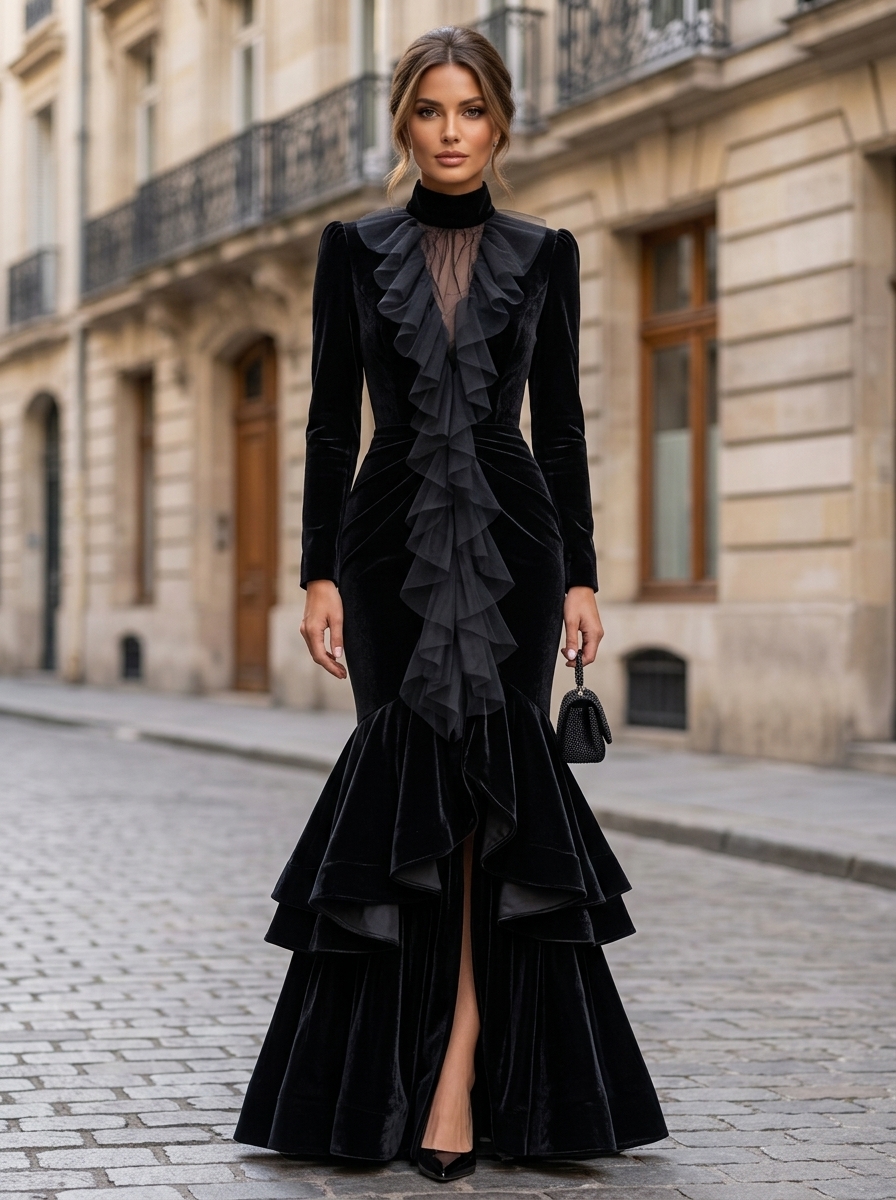 Black Velvet High Neck Ruffle Slit Mermaid Maxi Dress