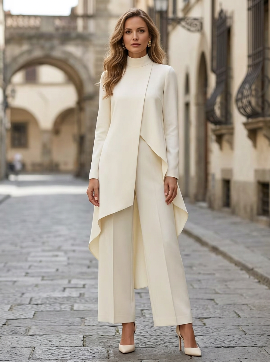 Ivory High Neck Long Sleeve Draped Wide Leg Jumpsuit