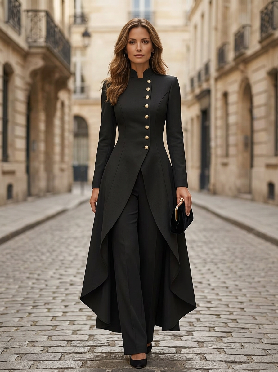 Black Mandarin Collar Long Sleeve Gold Button Wide Leg Jumpsuit