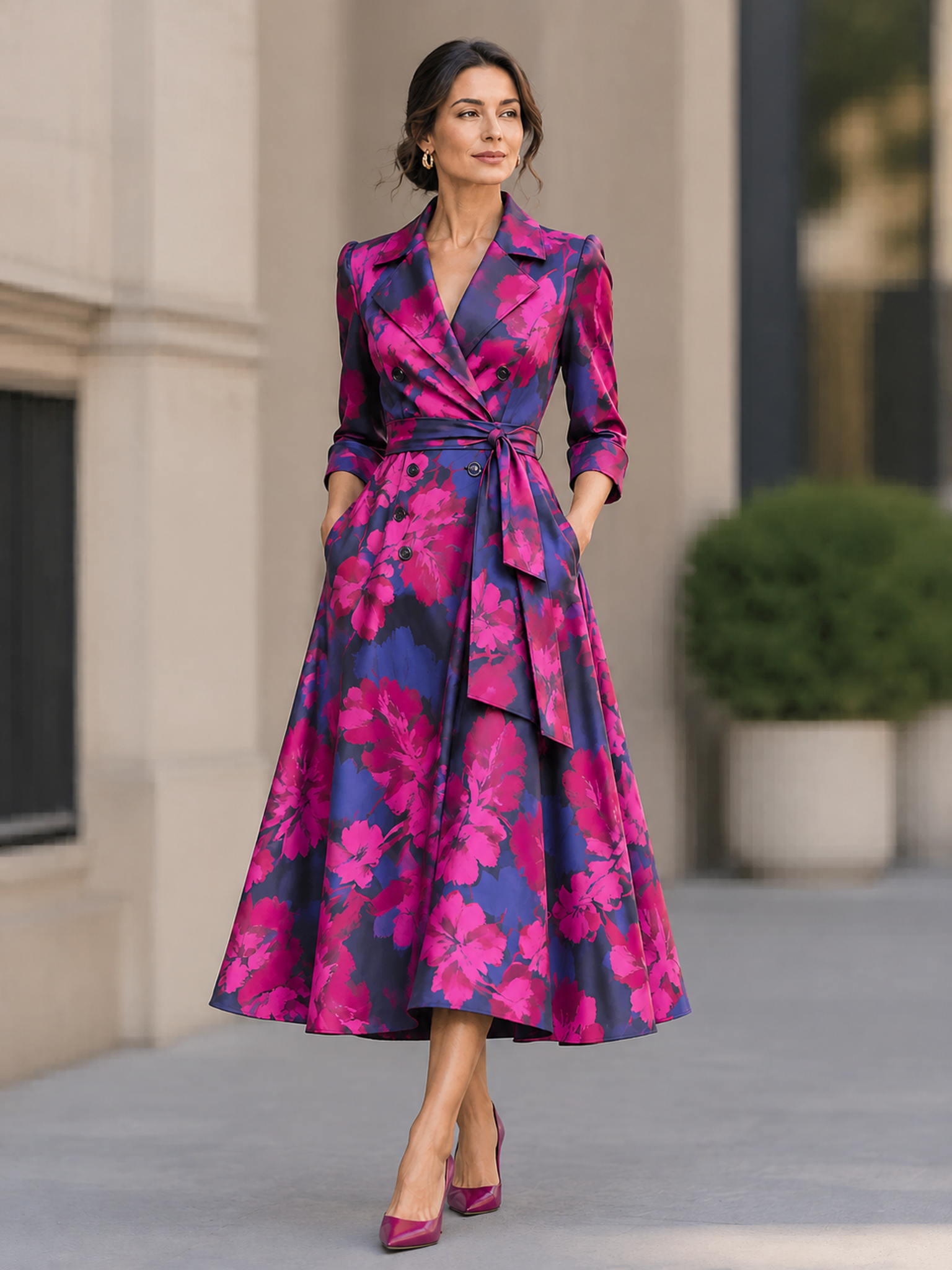 Navy Blue Notch Collar 3/4 Sleeve Floral Print Midi Dress