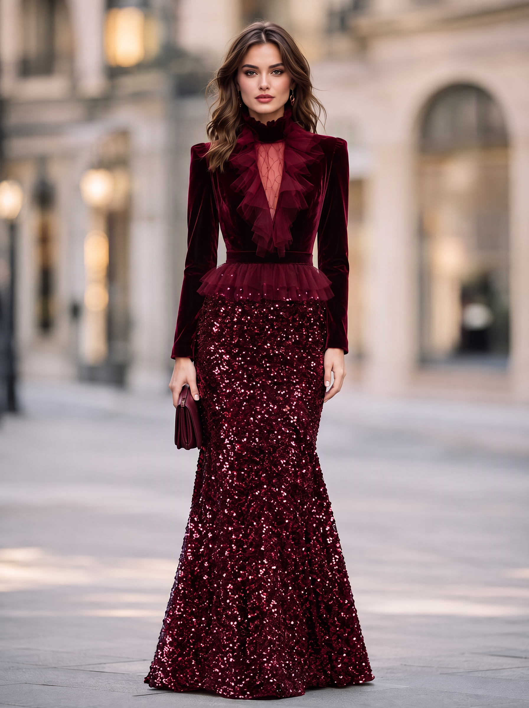 Burgundy Velvet High Neck Peplum Sequin Mermaid Maxi Dress