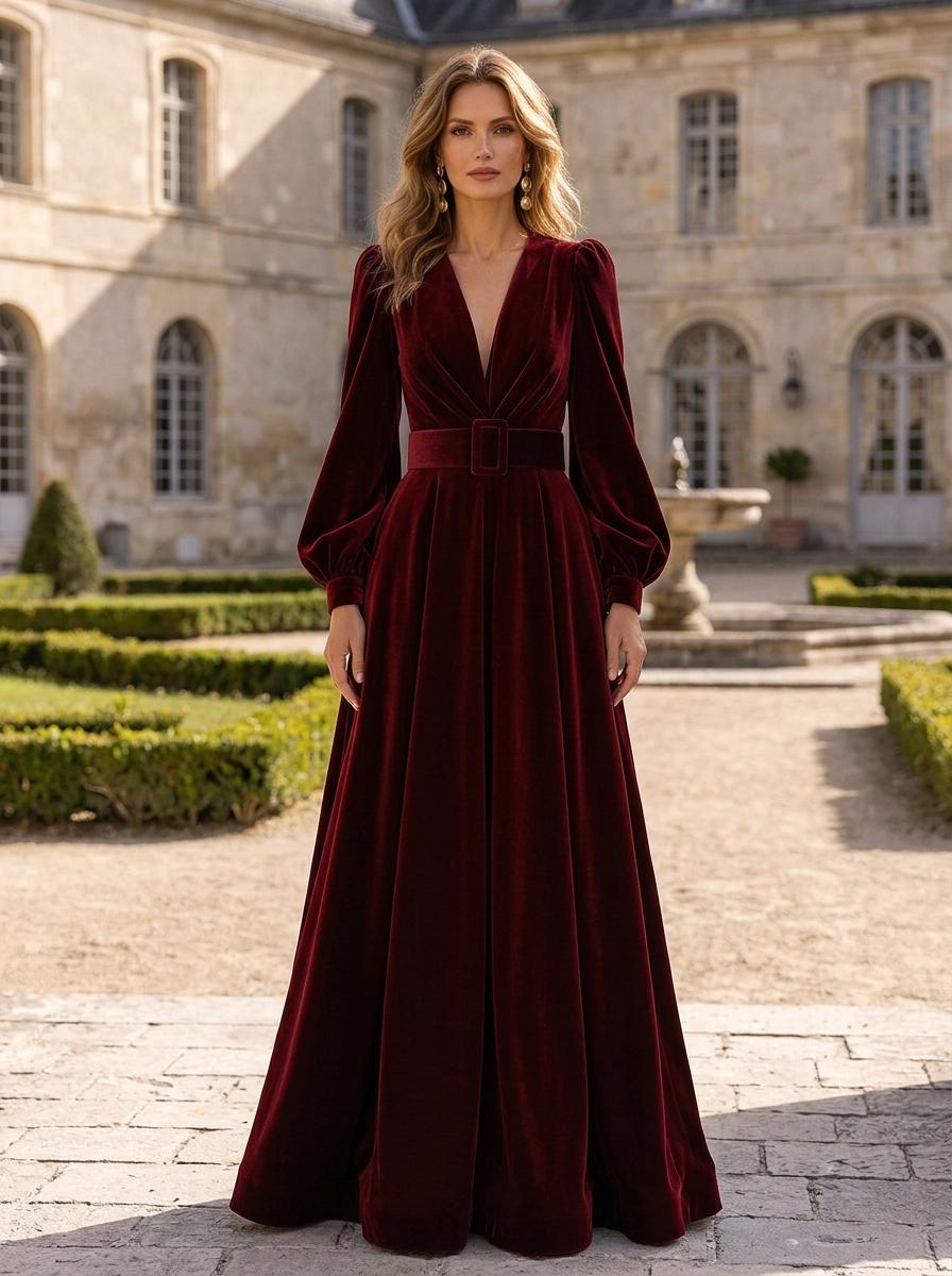 Burgundy Velvet V-Neck Long Sleeve Belted A-Line Maxi Dress