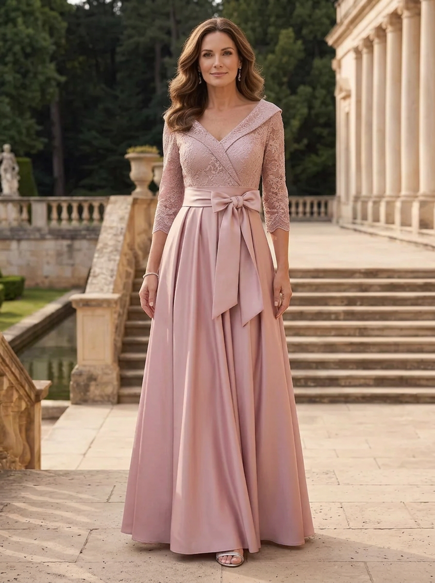 Dusty Rose V-Neck 3/4 Sleeve Lace Bodice Sash Bow A-Line Maxi Dress