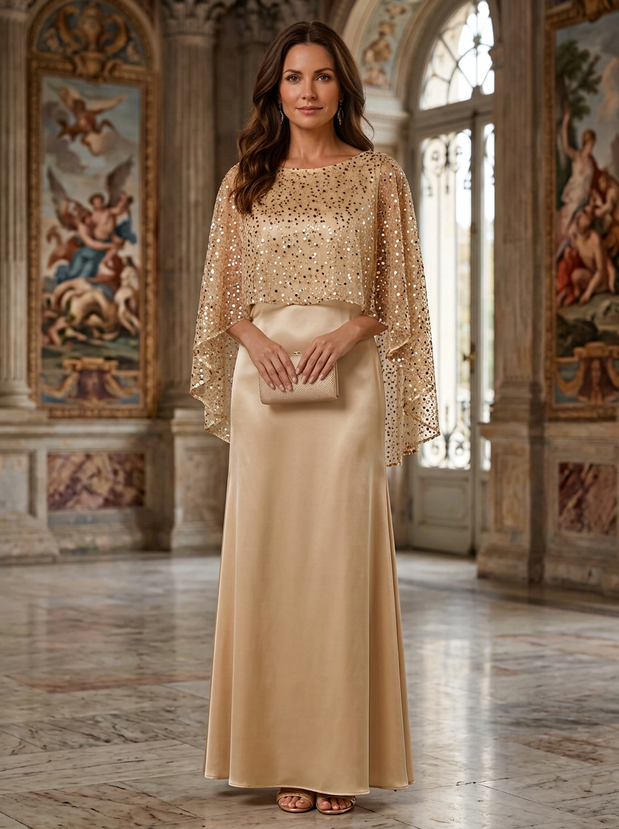Solid Color Boat Neck Shawl Style Sequined Satin Maxi Dress