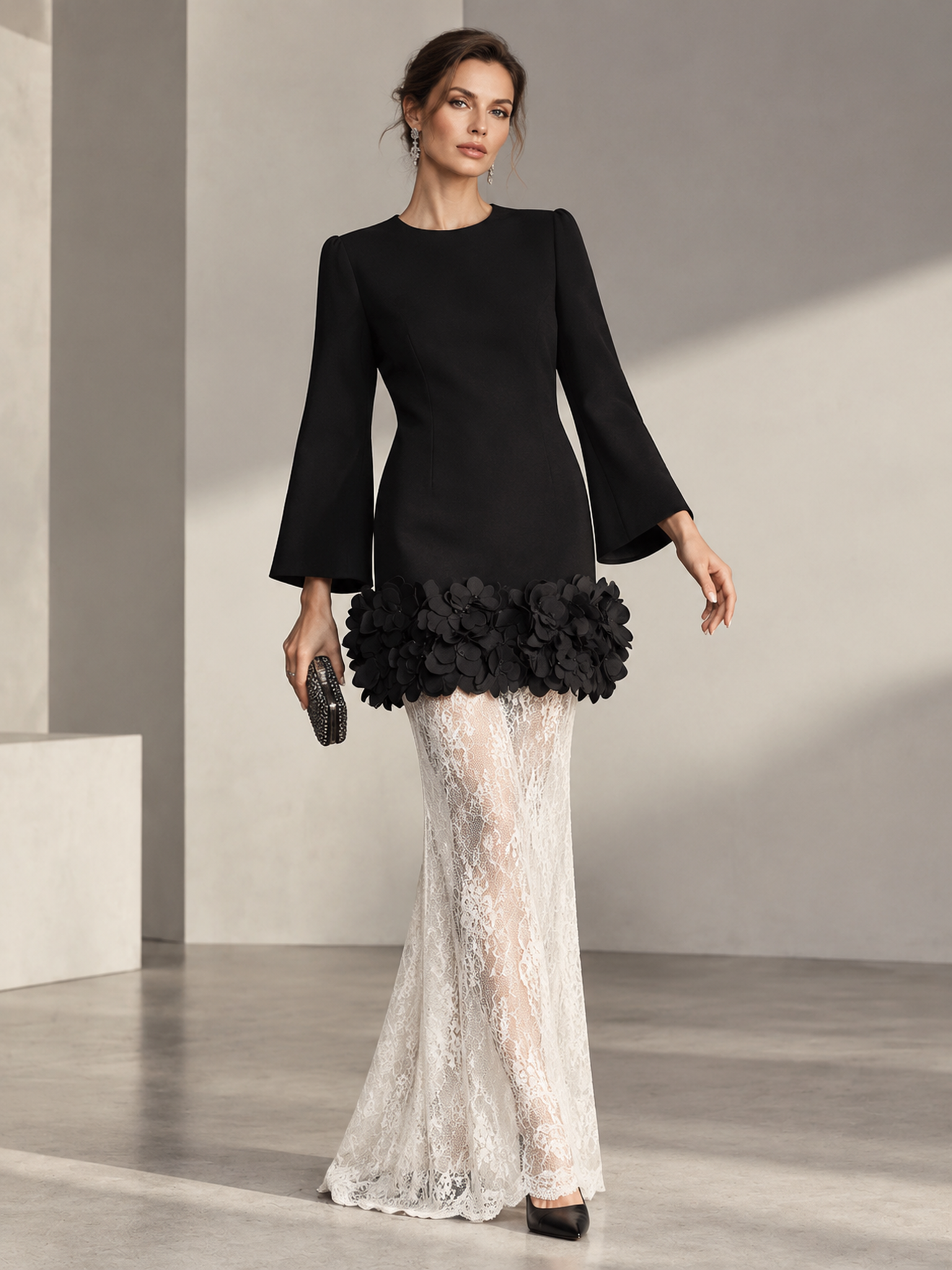 Black Bell Sleeve 3D Floral Sheer Lace Mermaid Maxi Dress