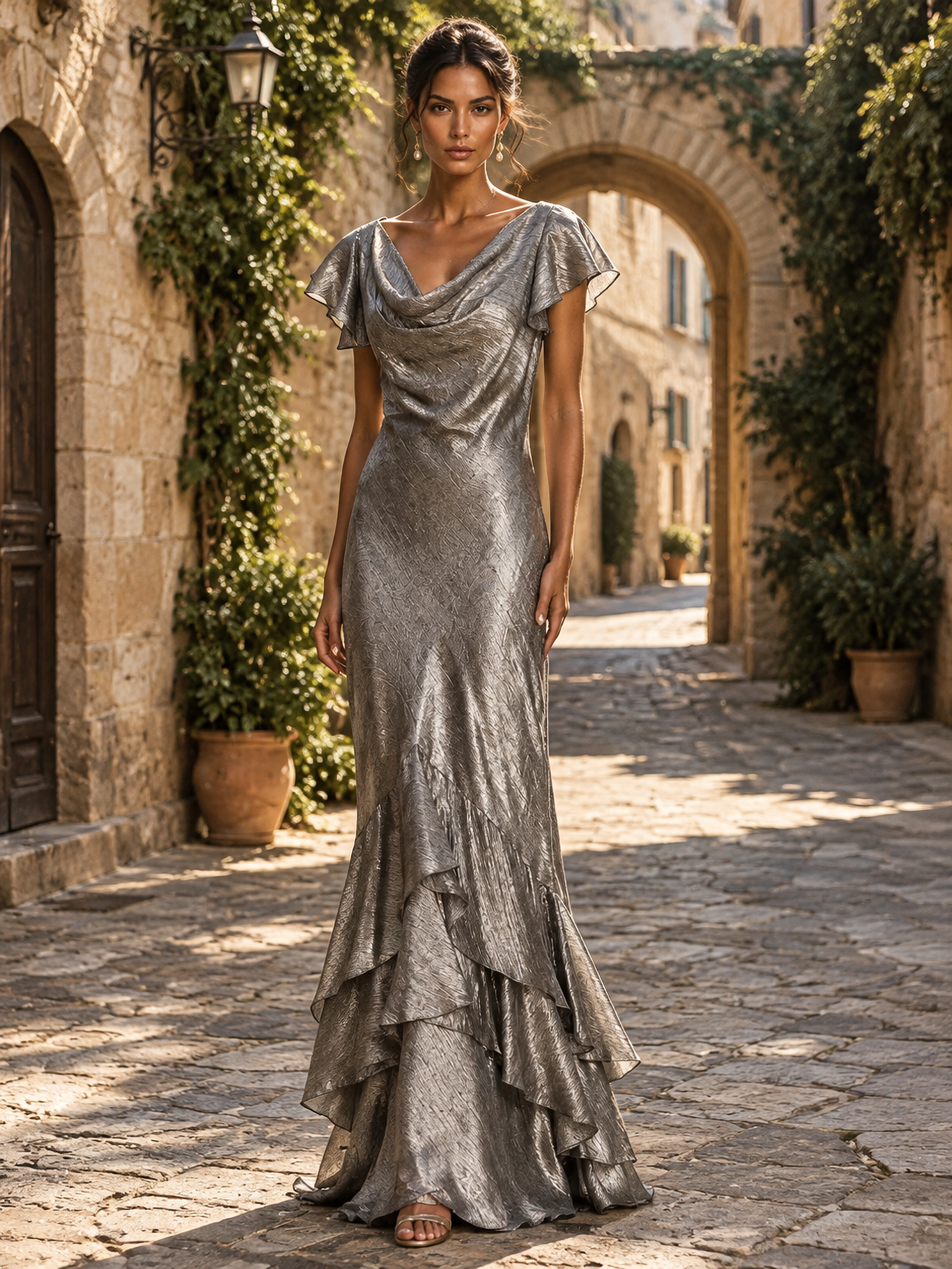 Silver Gray Cowl Neck Ruffle Tiered Mermaid Maxi Dress