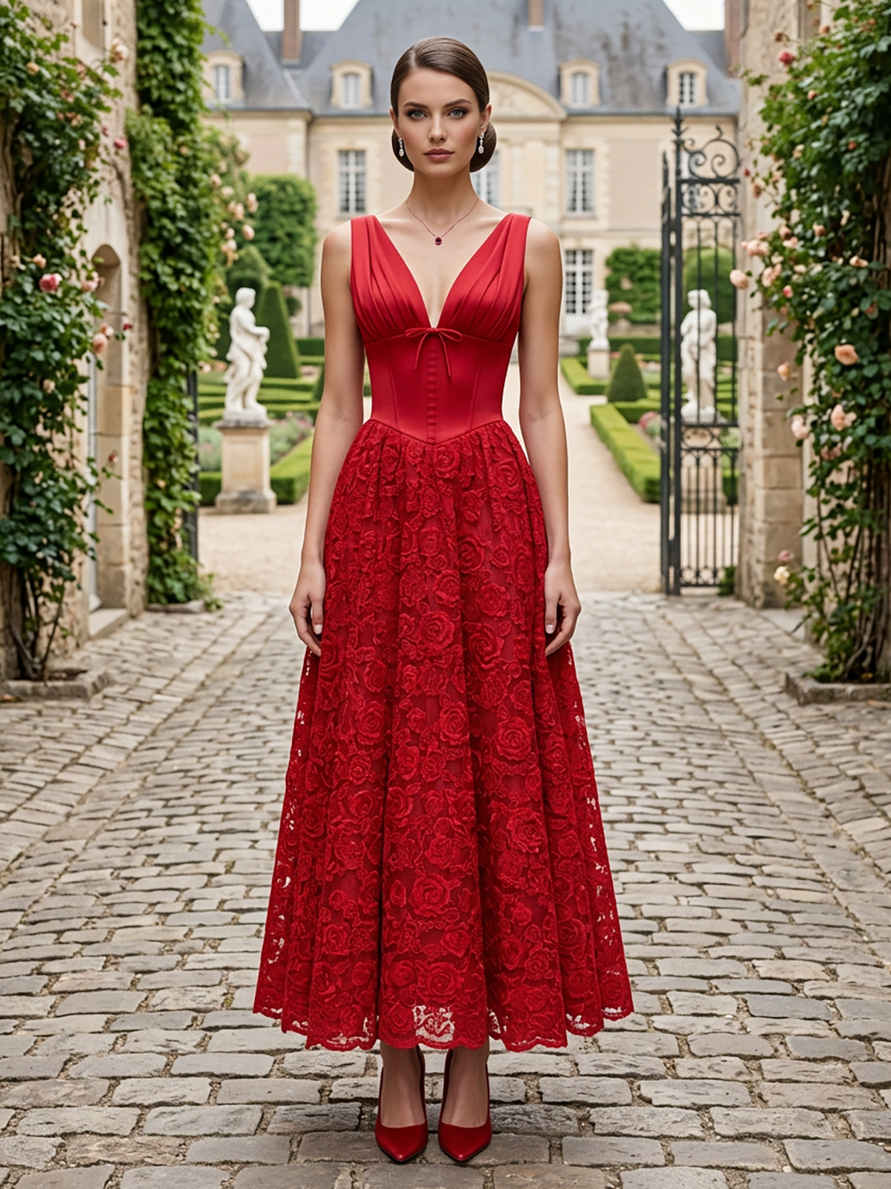 Red V-Neck Pleated Lace A-Line Midi Dress