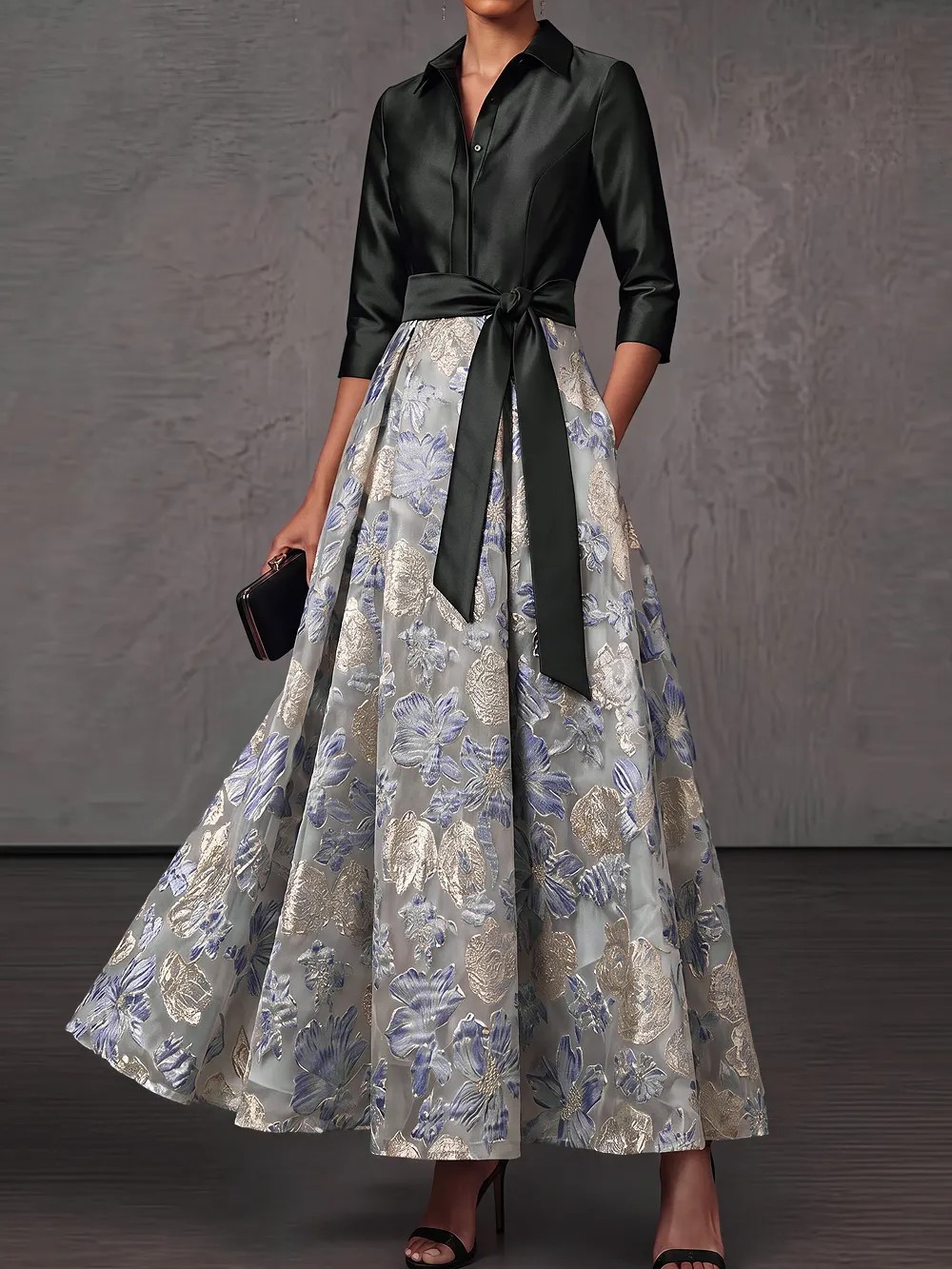 Dusty Blue A-Line Point Collar Embroidered Floral Dresses with Bow