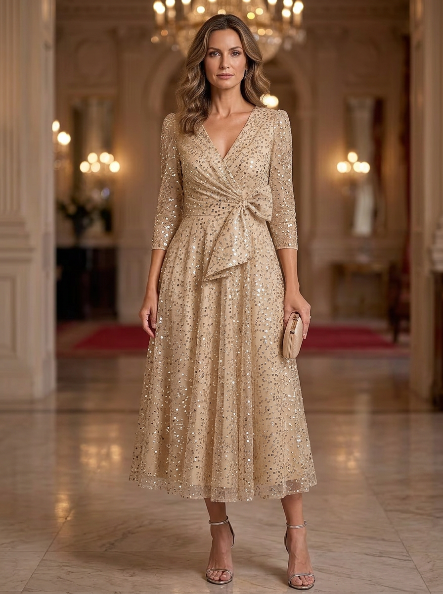 Champagne Gold Sequin Lace V-Neck 3/4 Sleeve Bow Tea-Length Dress