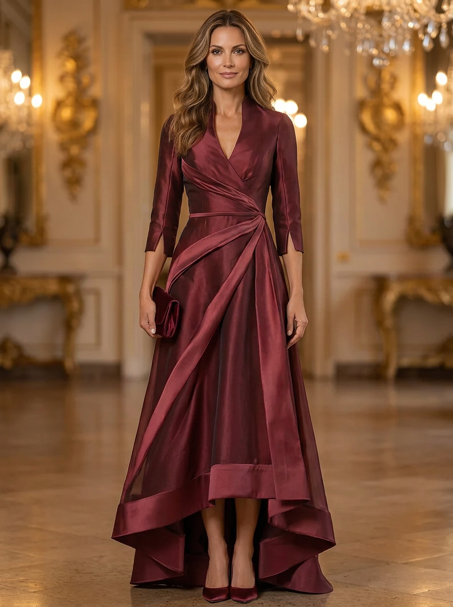Burgundy V-Neck 3/4 Sleeve Twist Waist Satin Maxi Dress