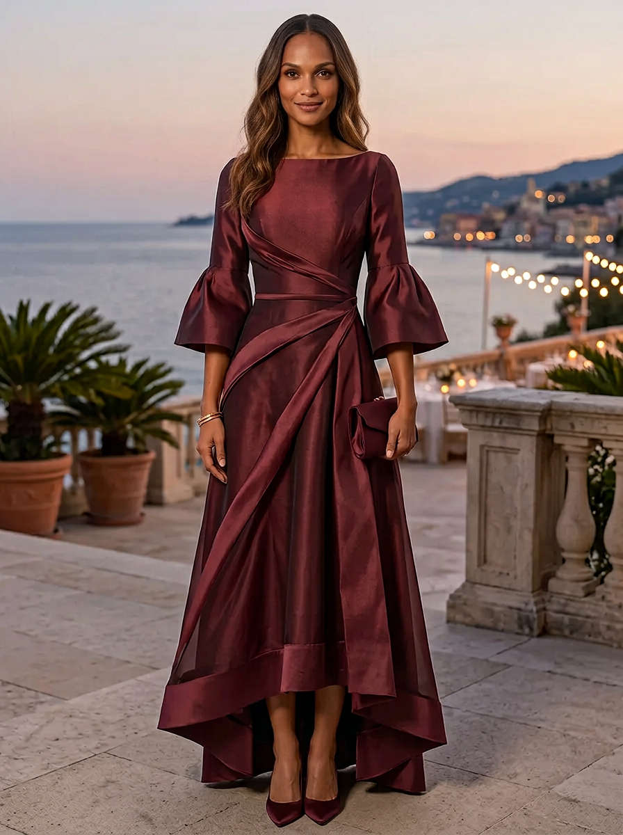 Burgundy Bateau Neck 3/4 Bell Sleeve Twist Waist Satin Maxi Dress