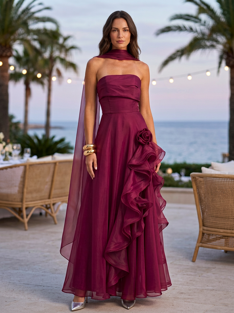 Plum Strapless Rose Layered Ruffle Maxi Dress