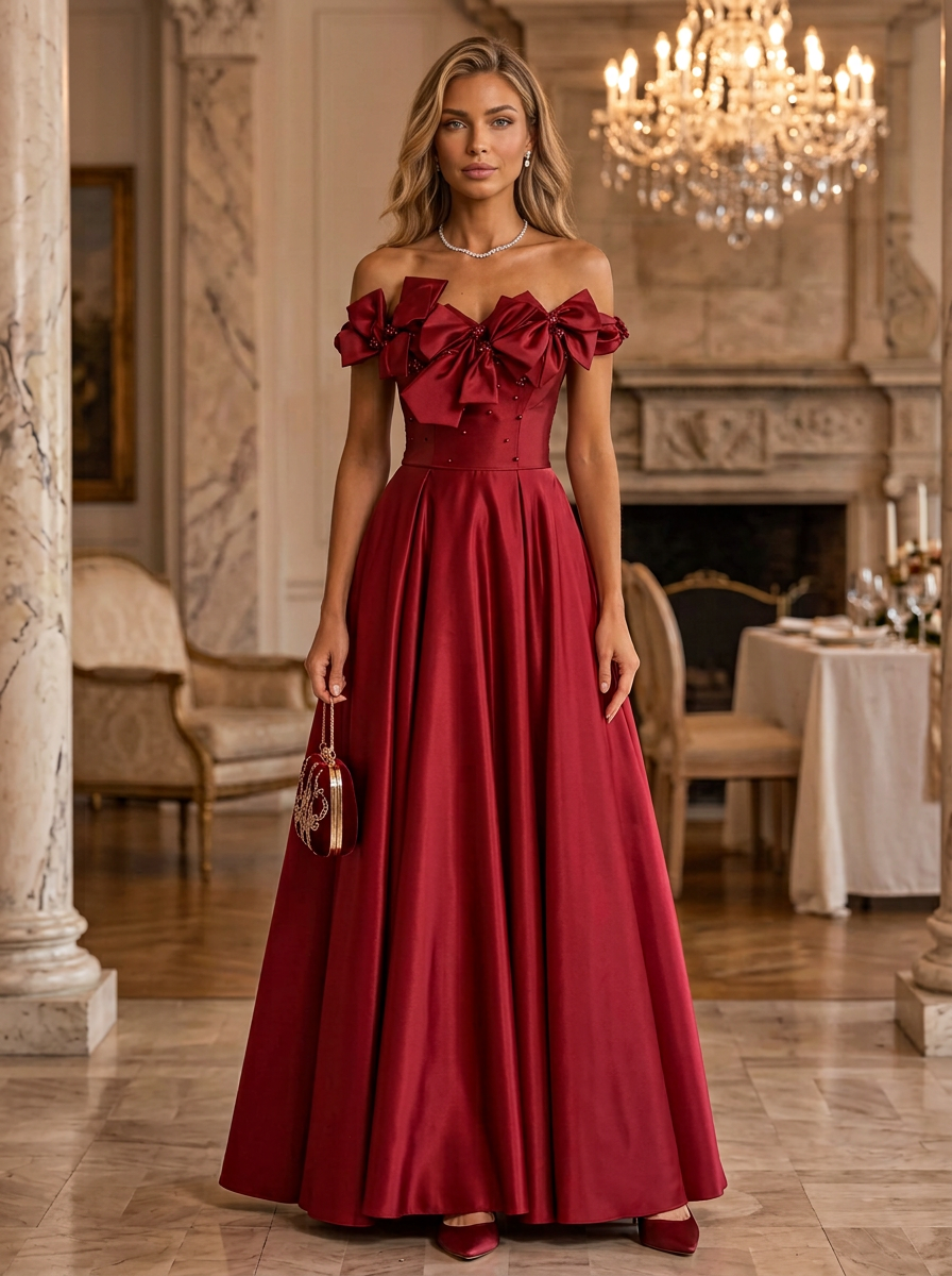 Burgundy Off Shoulder Bow Satin Ball Gown Maxi Dress