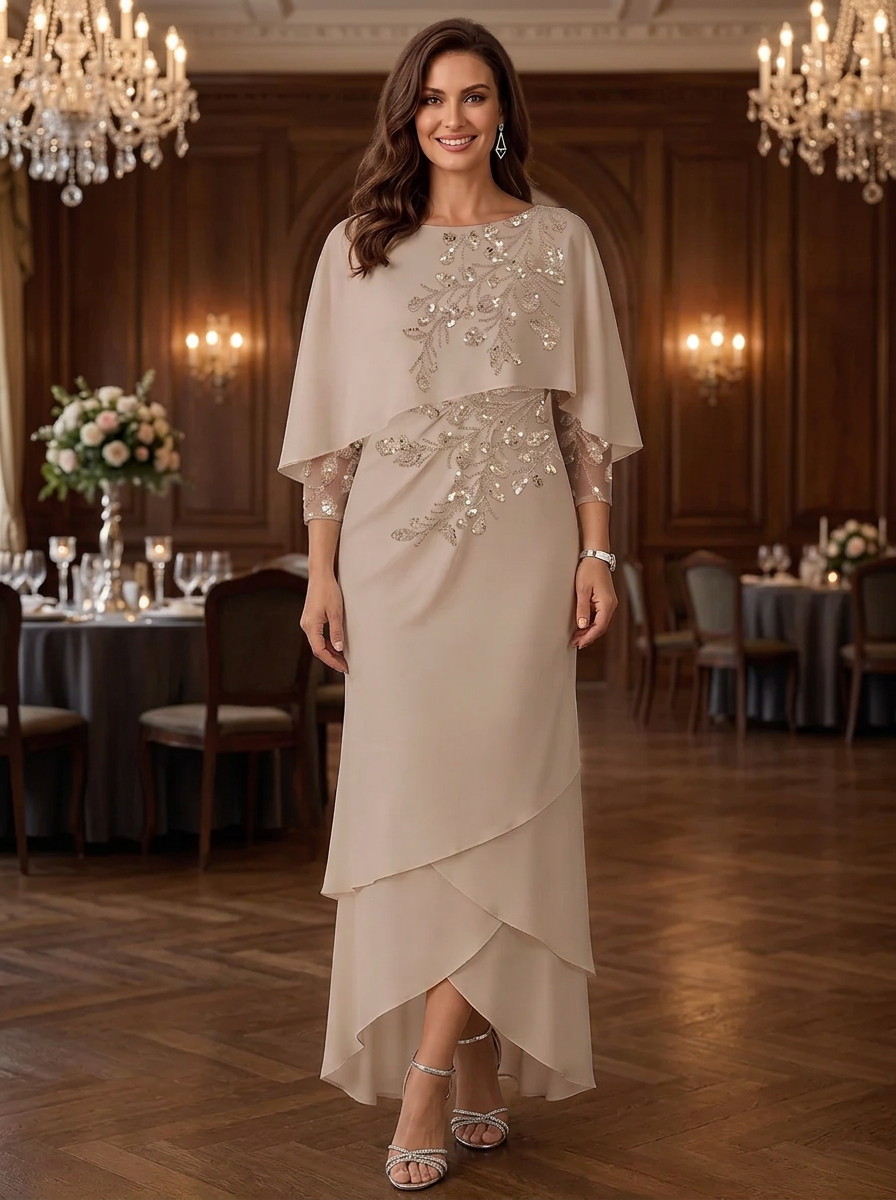 Ivory Beaded Embroidered Cape Maxi Dress