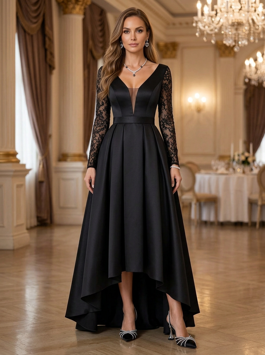 Black Long Sleeve Lace Deep V-Neck High-Low Maxi Dress