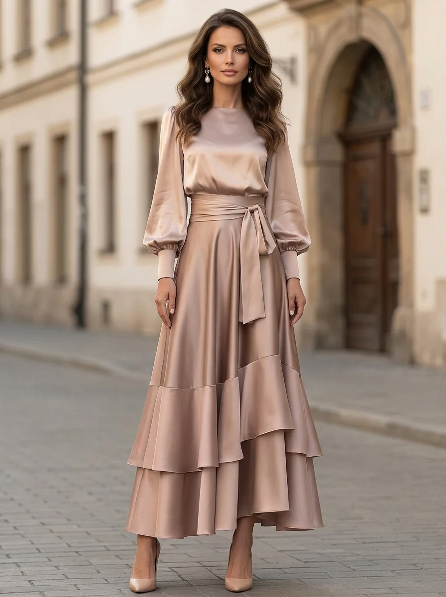 Champagne Gold Long Sleeve Sash Bow Multi-Layer Ruffle Satin Maxi Dress