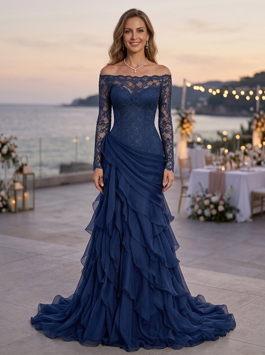 Navy Blue Off Shoulder Long Sleeve Lace Layered Mermaid Maxi Dress