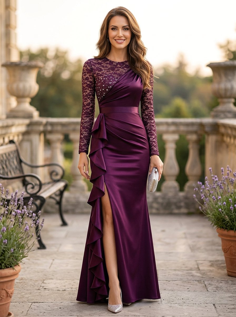 Plum Long Sleeve Lace Satin Side Slit Mermaid Maxi Dress