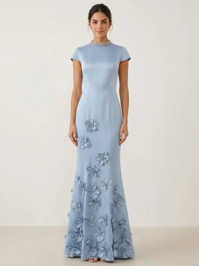 Dusty Blue Beaded Mock Neck Floral Appliqué Mermaid Maxi Dress