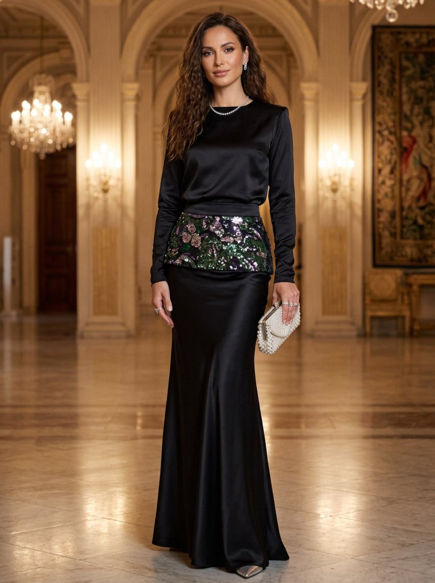 Black Long Sleeve Satin Beaded Belt Mermaid Maxi Dress