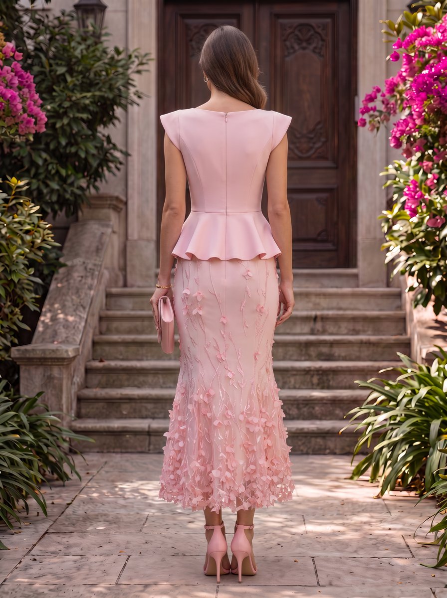Pink Ruffle Top Floral Embroidered Mermaid Two-Piece Set