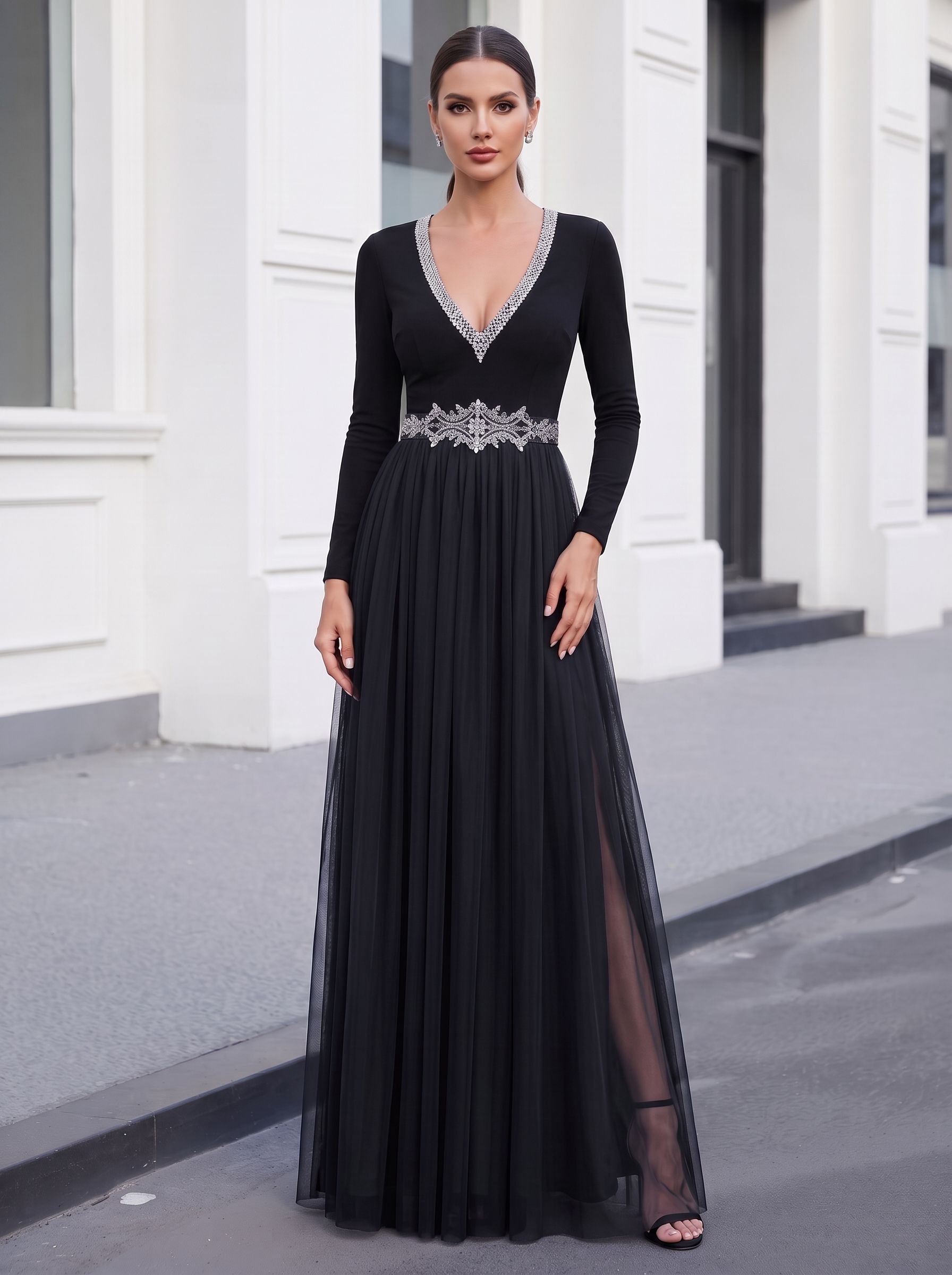 Black Deep V Neck Long Sleeve Beaded Chiffon Pleated Maxi Dress