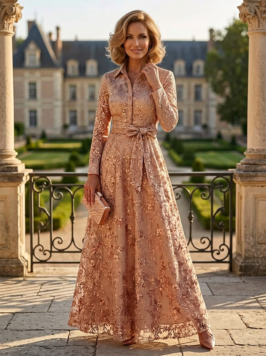 Champagne Long Sleeve Sequin Lace A Line Floor-Length Maxi Dress