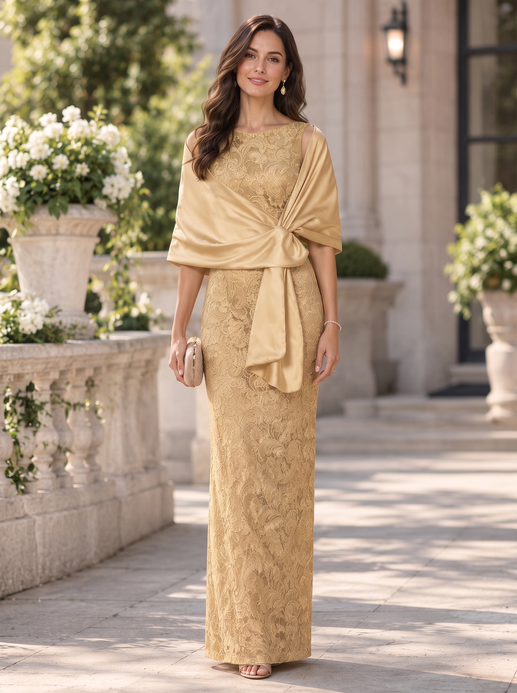 Gold Lace Satin Drape Slit Maxi Dress
