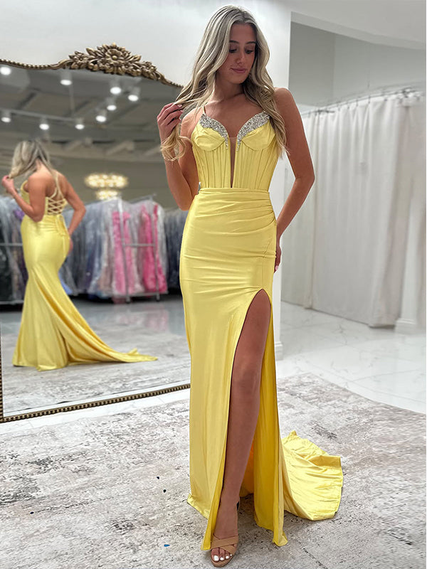 Yellow Mermaid Spaghetti Straps Lace Up Beaded Long Prom Dress with Slit