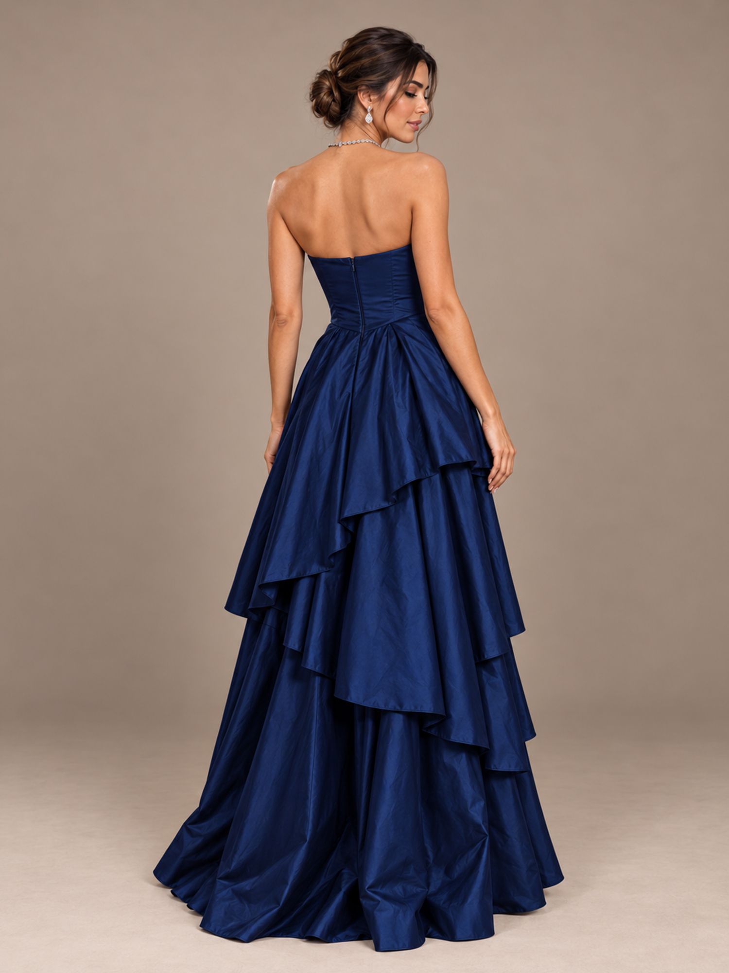 Navy Blue Strapless Sweetheart Tiered Ruffle A-Line Maxi Dress