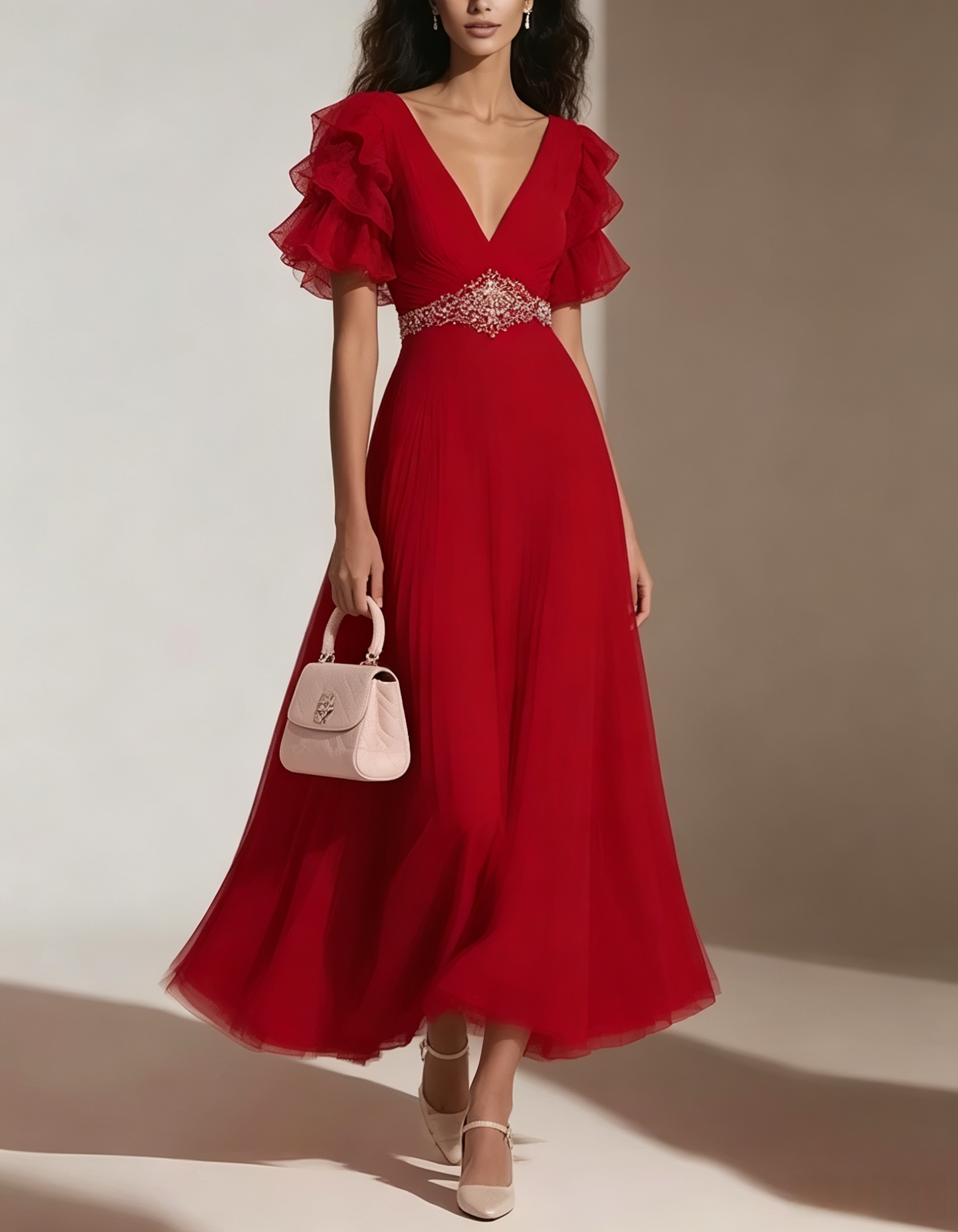 Blush V Neck Ruffled Sleeve Beaded Pleated Midi Dress