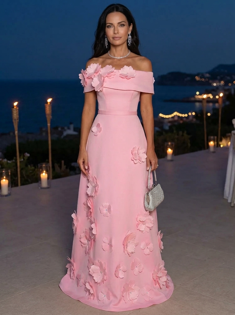 Pink Off Shoulder Floral Maxi Dress