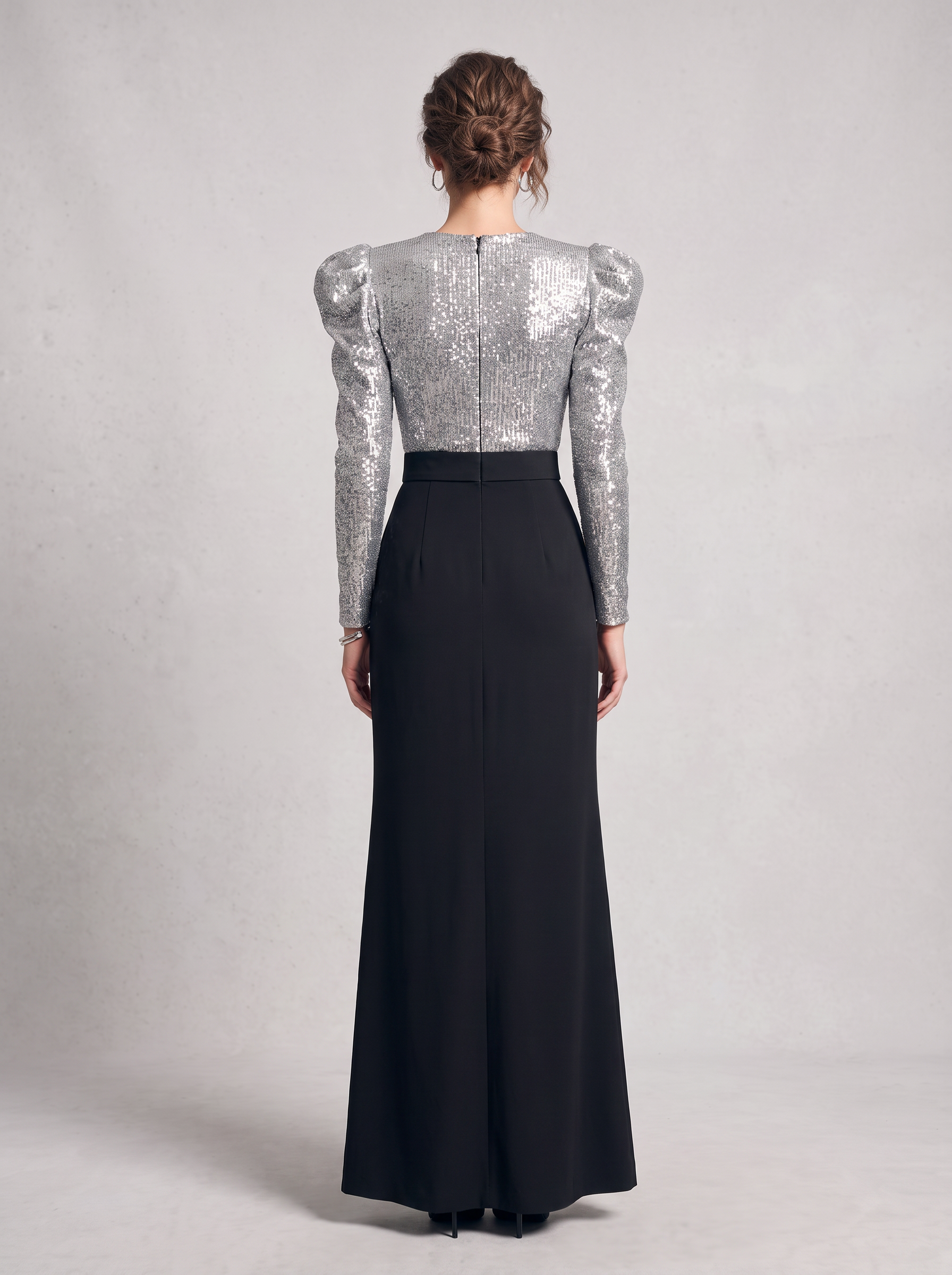 Silver Sequin Puff Sleeve Mermaid Maxi Dress