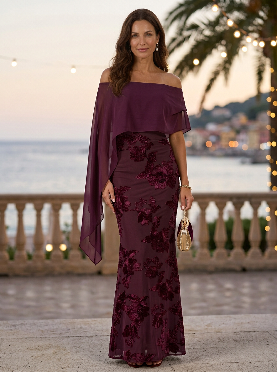 Burgundy Off Shoulder Chiffon Floral Mermaid Maxi Dress