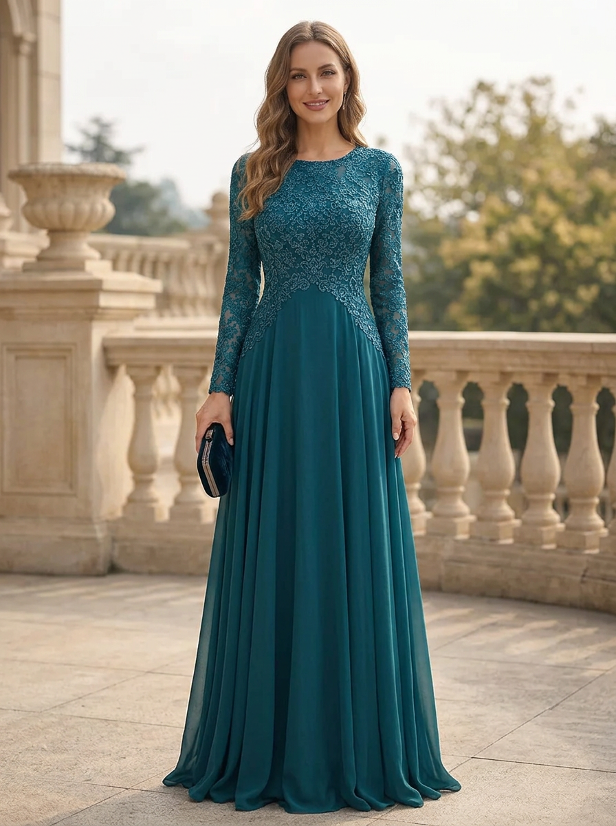Teal Green Lace Bodice Chiffon Maxi Dress
