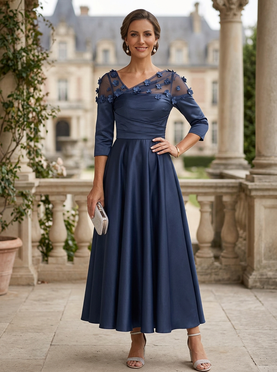 Navy Blue Satin Asymmetrical Neck A-Line Midi Dress