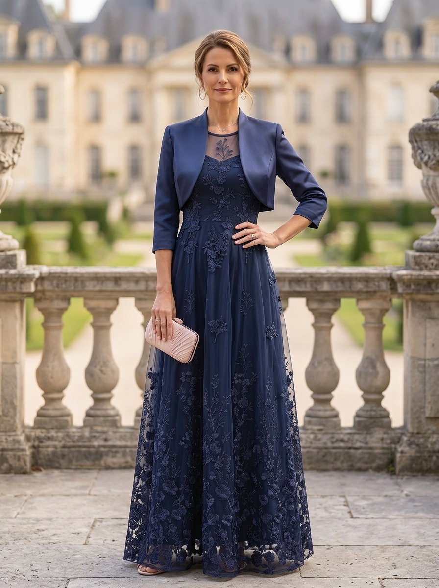 Navy Blue Lace Embroidered A-Line Maxi Dress with Jacket