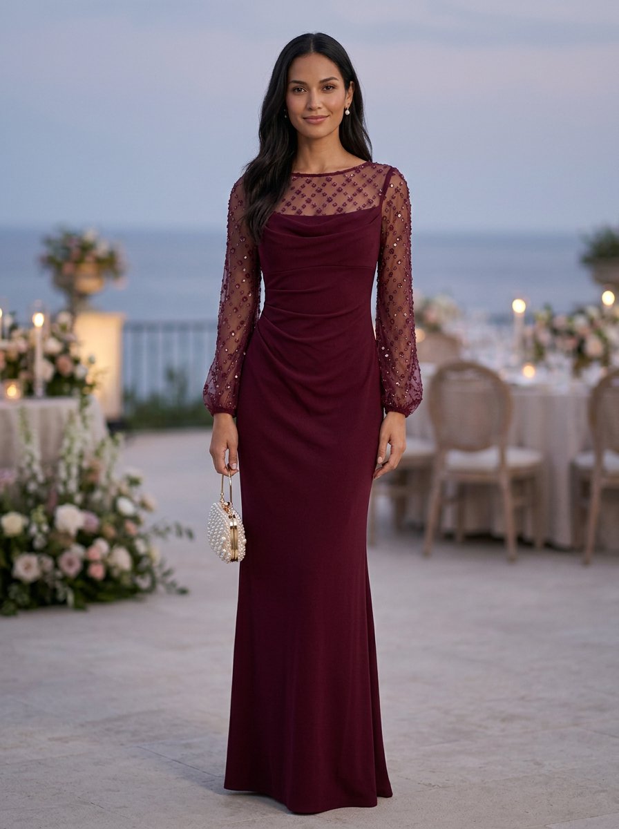 Burgundy Mesh Long Sleeve Beaded Mermaid Maxi Dress