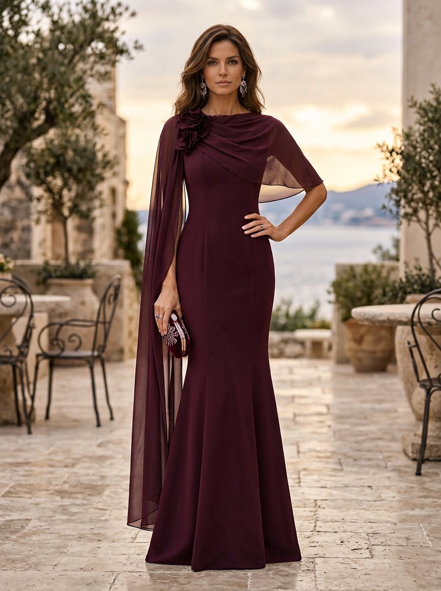 Burgundy One Shoulder Chiffon Floral Mermaid Maxi Dress