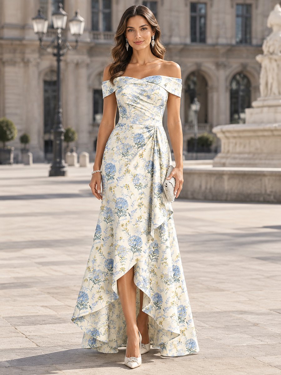 Ivory Off Shoulder Jacquard Floral High-Low Maxi Dress