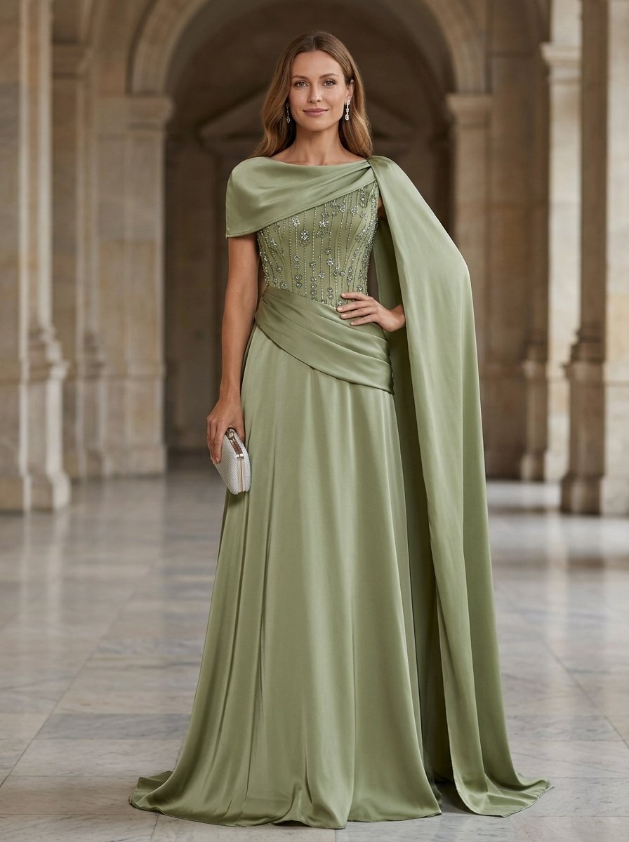 Sage Green Satin Beaded Draped Mermaid Maxi Dress