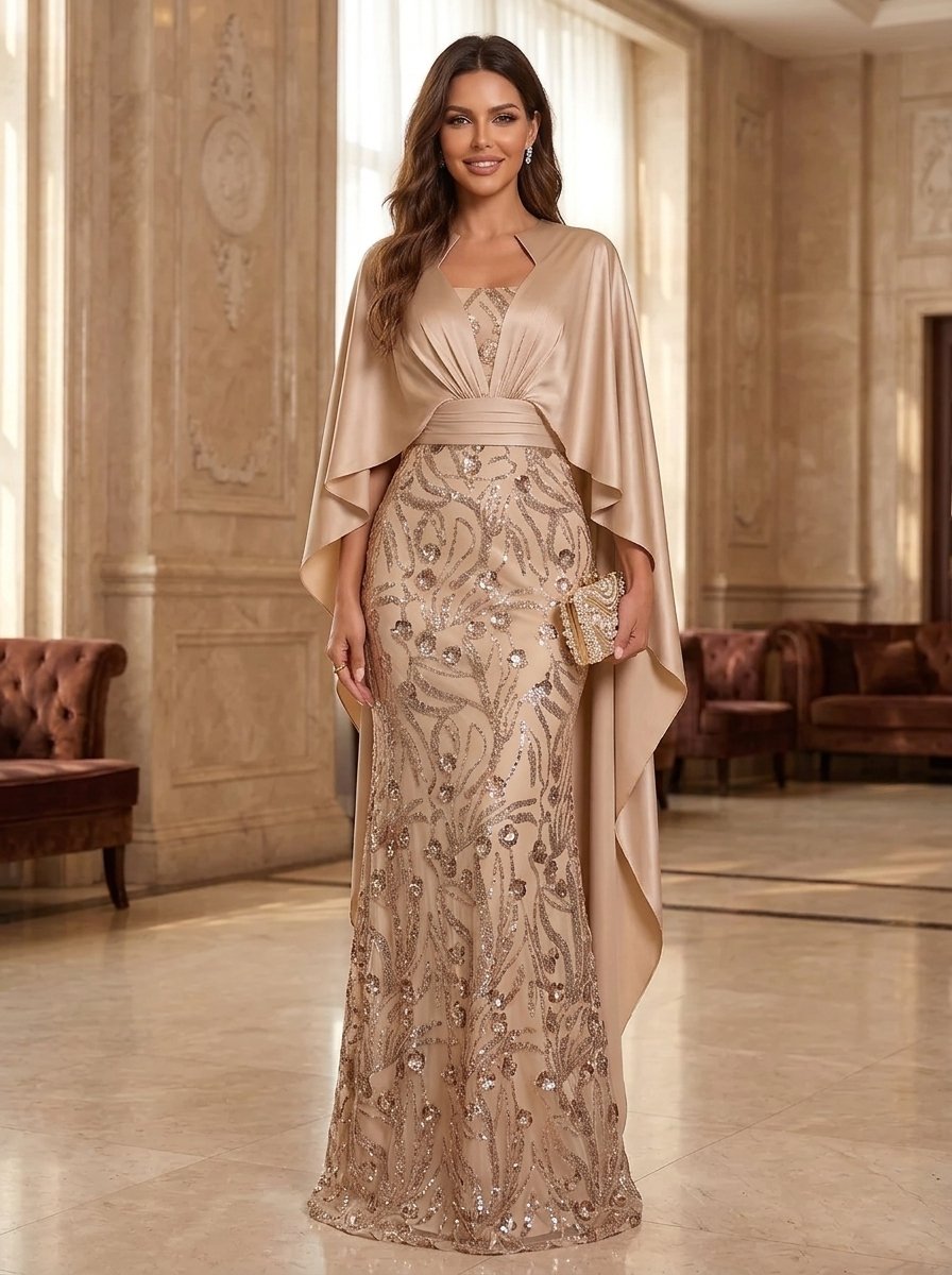 Champagne Sequin Satin Cape Mermaid Maxi Dress
