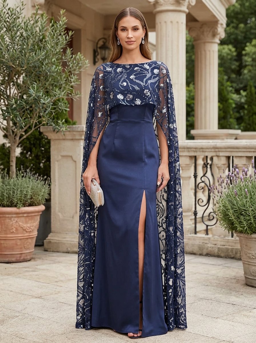 Navy Blue Sequin Embroidered Mesh Cape Mermaid Maxi Dress