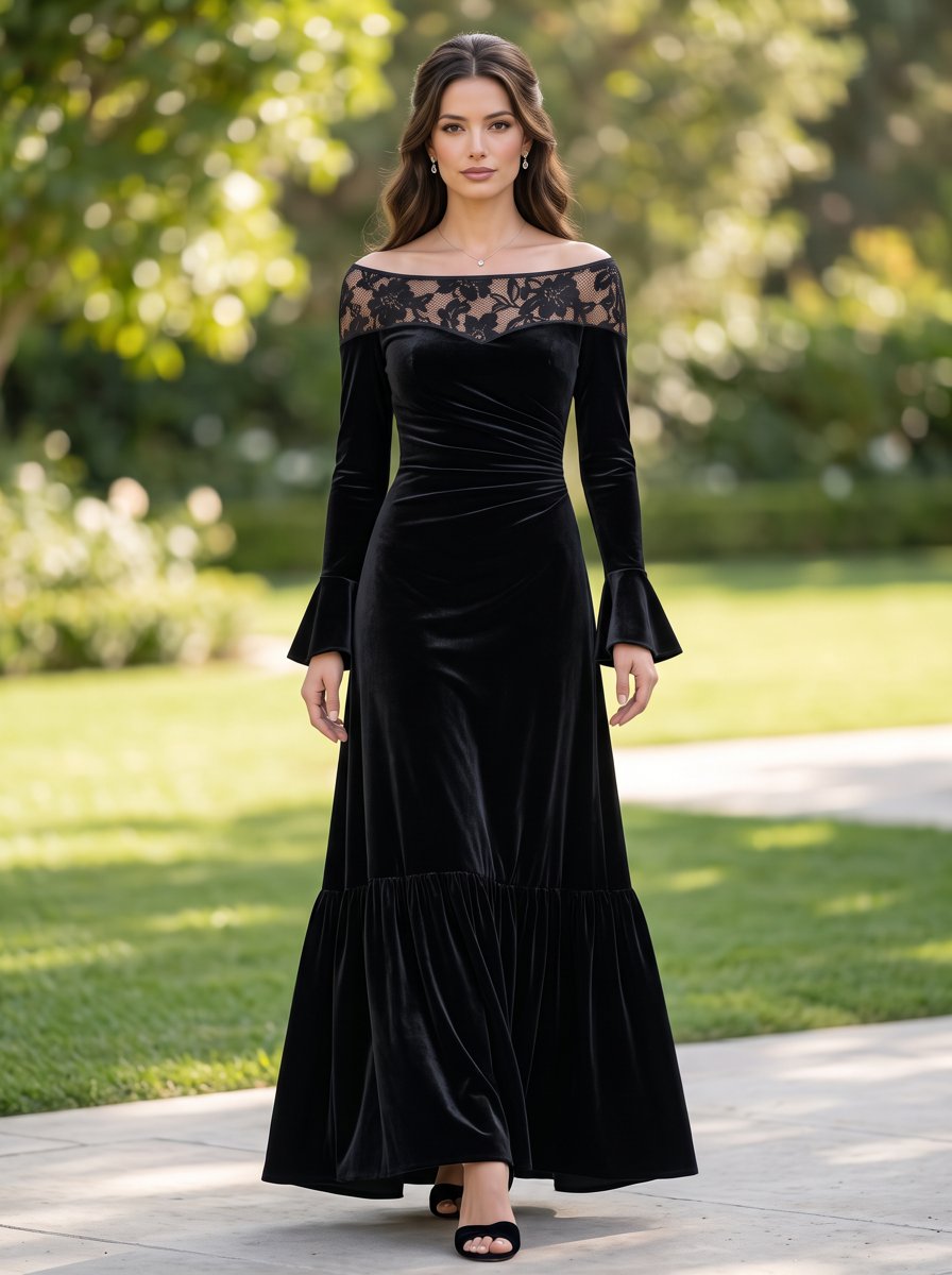 Black Velvet Off Shoulder Lace Flared Sleeve Ruffle Maxi Dress