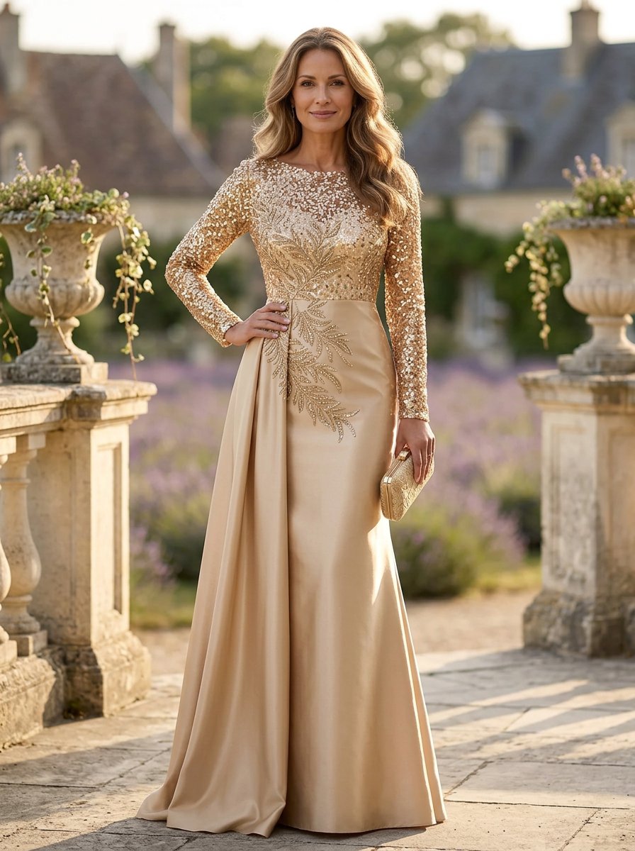 Champagne Sequin Long Sleeve Satin Train Maxi Dress