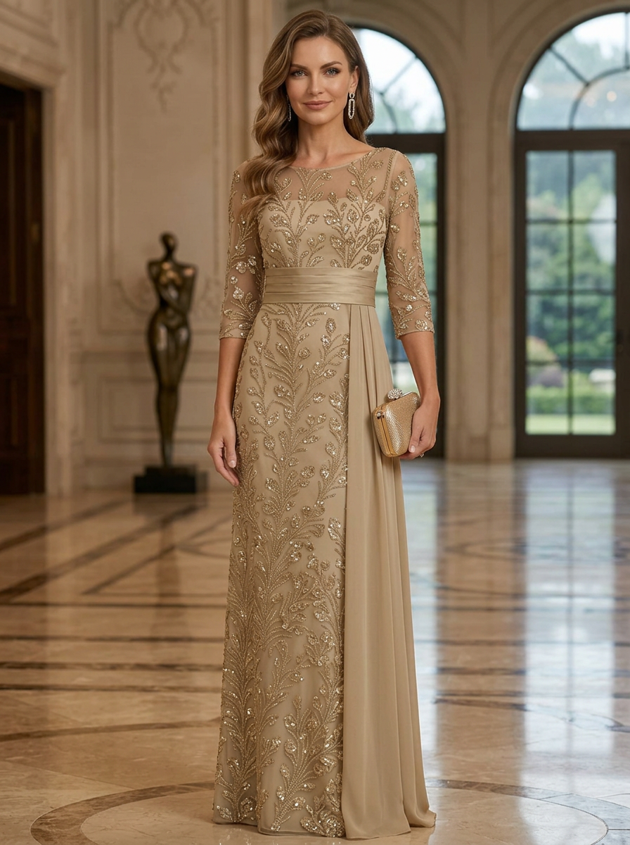 Champagne Sequin Round Neck 3/4 Sleeve Satin Belt Maxi Dress
