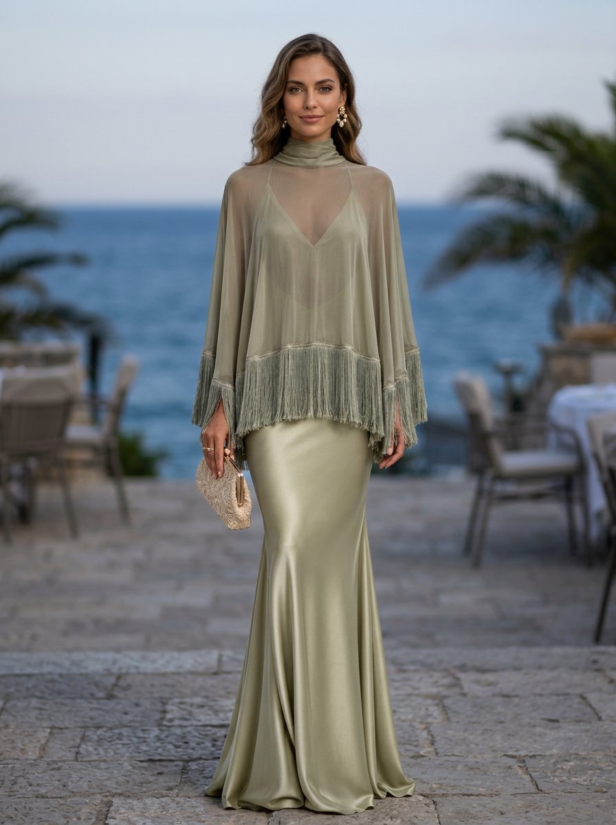 Olive Green High Neck Mesh Fringe Satin Mermaid Maxi Dress